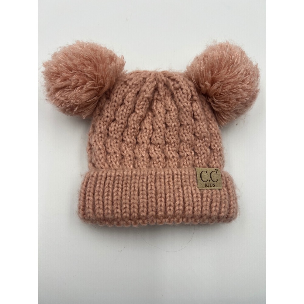 C.C. Kids Double Pom Pom Cable Knit Beanie Hat Pink One Size RN88320